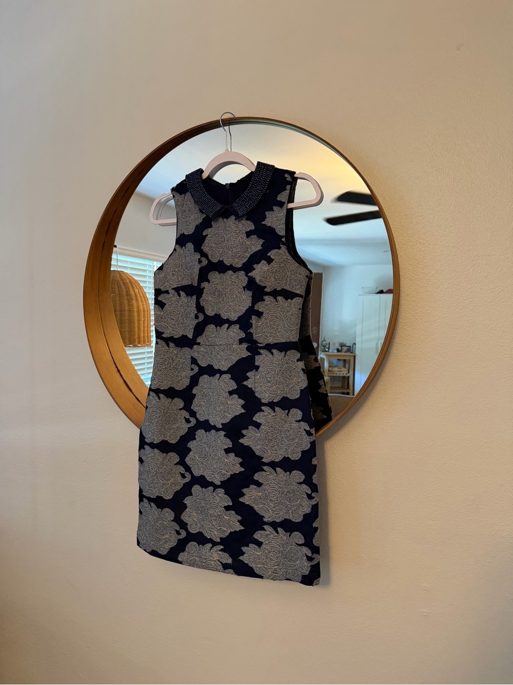 Anthropologie Navy and Light Blue Floral Jacquard Sleeveless Dress